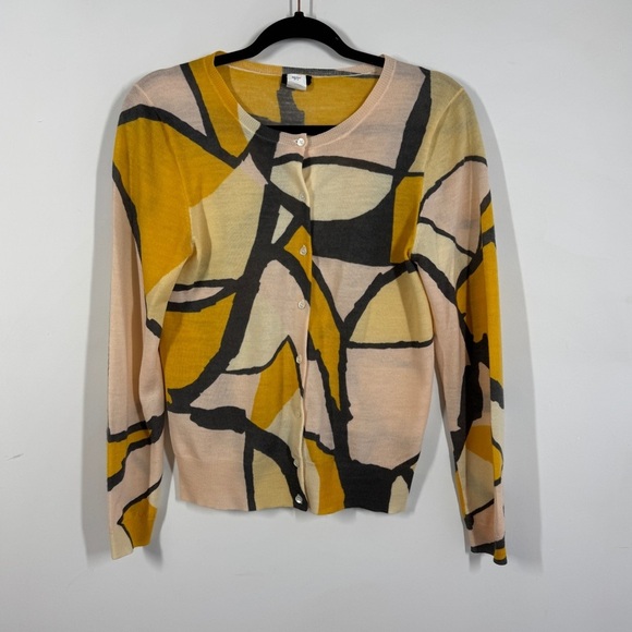 J.Crew Abstract Print Merino Wool Multicolor Cardigan Sweater Size Medium - Picture 2 of 13